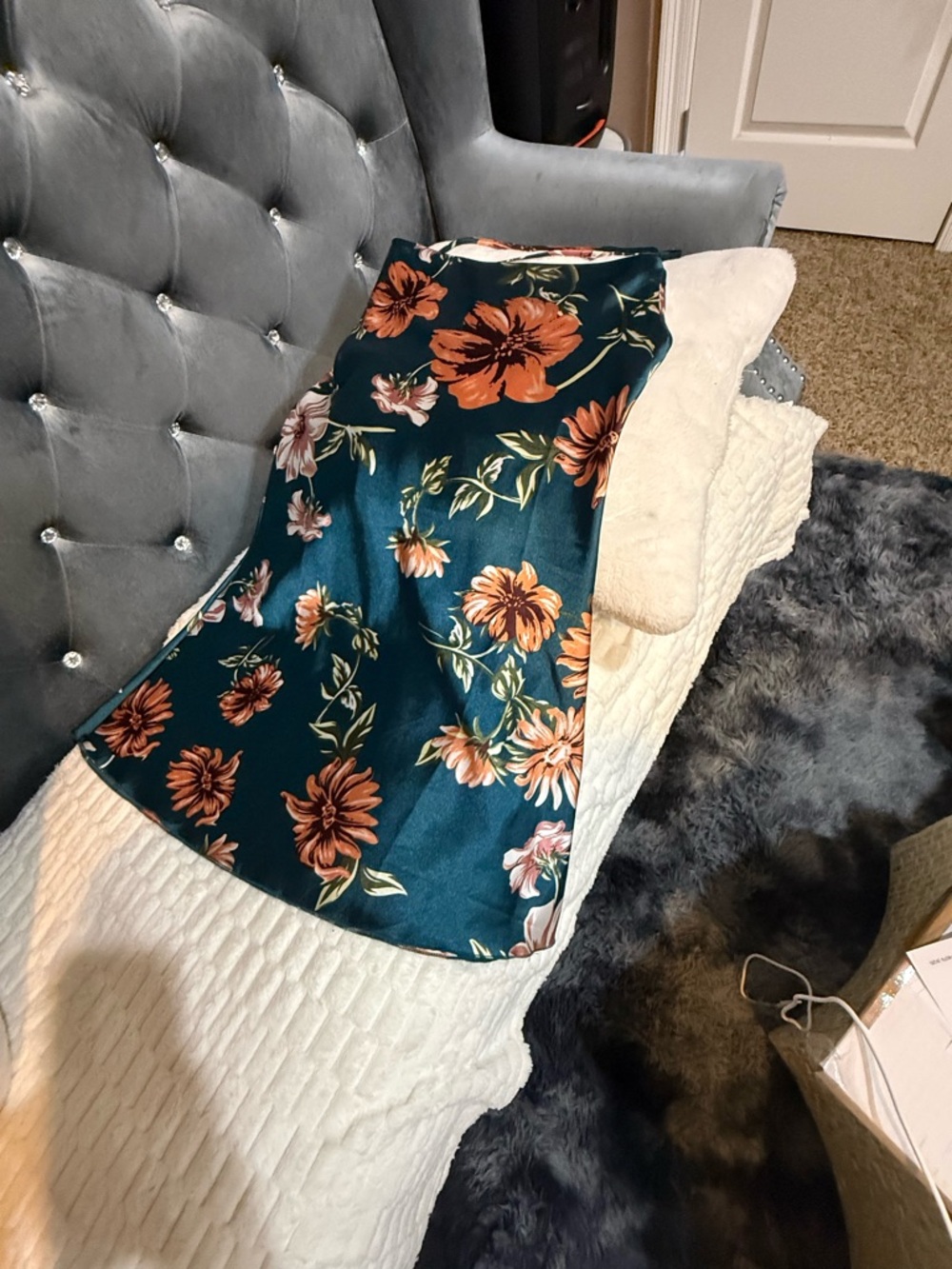 SHEIN Teal Midi Slip Skirt with Orange Floral Print